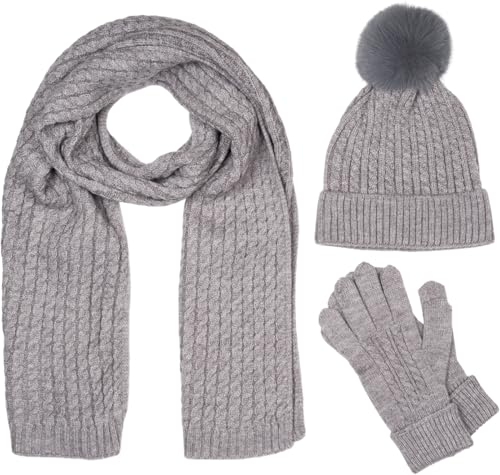 styleBREAKER Damen Set 3-Teilig aus Schal, Bommelmütze und Handschuhe, Zopfmuster Strickschal Warm Winter Einfarbig 01018270, Farbe:Grau von styleBREAKER