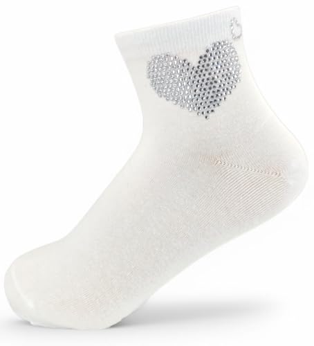 styleBREAKER Damen Socken mit Strass Herz Applikation | knöchellang mit Elastikbund | weicher Baumwoll-Mix | One Size 36-41 EU, Farbe:Weiß von styleBREAKER