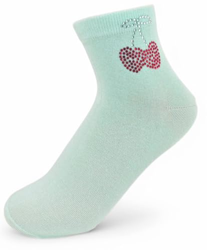 styleBREAKER Damen Socken mit Strass Kirschen Applikation | knöchellang mit Elastikbund | weicher Baumwoll-Mix | One Size 36-41 EU, Farbe:Türkis von styleBREAKER