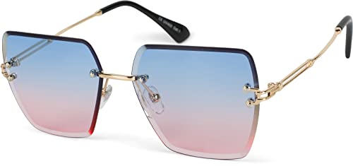 styleBREAKER Damen Sonnenbrille Rahmenlos mit getönten Rechteckigen Gläsern, Metallrahmen, Diamantschliff 09020124, Farbe:Gestell Gold/Glas Blau-Rosa Verlauf von styleBREAKER