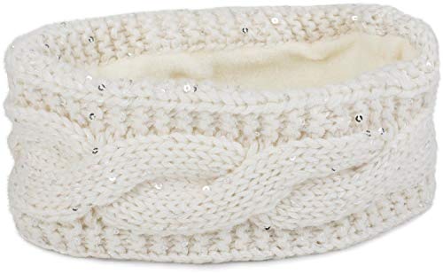 styleBREAKER Damen Stirnband Grobstrick mit Zopfmuster und Pailletten, warmes Fleece Innenfutter, Haarband, Headband 04026002, Farbe:Creme-Weiß von styleBREAKER