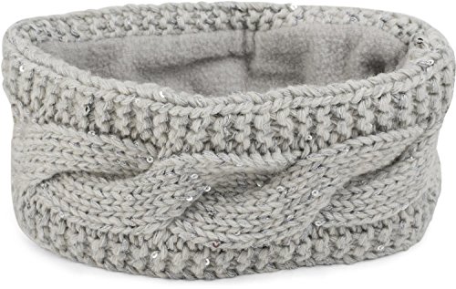 styleBREAKER Damen Stirnband Grobstrick mit Zopfmuster und Pailletten, warmes Fleece Innenfutter, Haarband, Headband 04026002, Farbe:Hellgrau von styleBREAKER