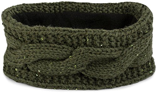 styleBREAKER Damen Stirnband Grobstrick mit Zopfmuster und Pailletten, warmes Fleece Innenfutter, Haarband, Headband 04026002, Farbe:Oliv von styleBREAKER