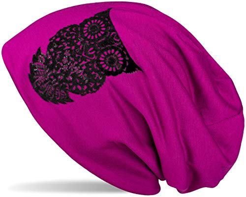 styleBREAKER Damen Stoff Beanie Mütze mit samtigem Eulen Flock-Print, Longbeanie 04024040, Farbe:Violett von styleBREAKER