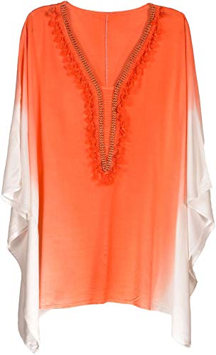 styleBREAKER Damen Strand Tunika mit Farbverlauf Muster und besticktem Kragen mit Quasten und Fransen, Kaftan, Sommer 08010067, Farbe:Orange-Weiß von styleBREAKER