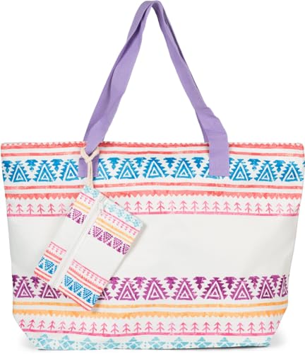 styleBREAKER Damen Strandtasche mit Azteken Muster im Boho Style, Reißverschluss, XXL Schultertasche mit Täschchen, Shopper 02012407, Farbe:Flieder-Creme von styleBREAKER