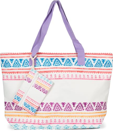 styleBREAKER Große Strandtasche mit buntem Azteken Boho Muster | Damen Schultertasche mit Reißverschluss & Extra-Täschchen | 57,5 x 40 x 15 cm, Farbe:Flieder-Creme von styleBREAKER