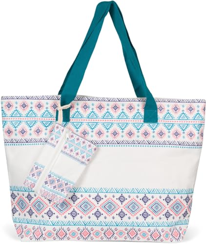 styleBREAKER Große Strandtasche mit buntem Azteken Boho Muster | Damen Schultertasche mit Reißverschluss & Extra-Täschchen | 57,5 x 40 x 15 cm, Farbe:Petrol-Weiß von styleBREAKER