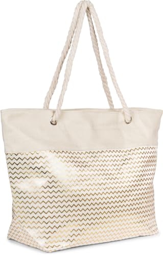 styleBREAKER Damen Strandtasche mit Metallic Zick-Zack Zacken Muster, Reißverschluss, XXL Schultertasche, Shopper 02012404, Farbe:Beige-Gold von styleBREAKER