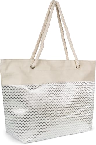 styleBREAKER Damen Strandtasche mit Metallic Zick-Zack Zacken Muster, Reißverschluss, XXL Schultertasche, Shopper 02012404, Farbe:Beige-Silber von styleBREAKER