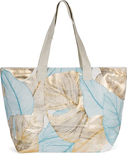 styleBREAKER Damen Strandtasche mit Palmen Blätter Print Metallic, Reißverschluss, XXL Schultertasche, Shopper 02012390, Farbe:Beige-Blau von styleBREAKER