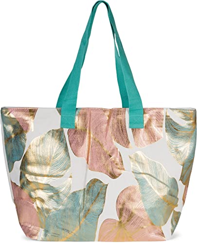 styleBREAKER Damen Strandtasche mit Palmen Blätter Print Metallic, Reißverschluss, XXL Schultertasche, Shopper 02012390, Farbe:Petrol-Rose von styleBREAKER