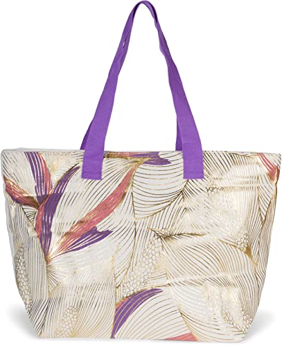 styleBREAKER XXL Strandtasche mit Palmen Blätter Print in Metallic Optik | Tropischer Shopper mit Reißverschluss & Stoffhenkel | Damen Schultertasche 56 x 36 x 17 cm, Farbe:Violett-Mauve von styleBREAKER
