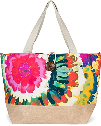 styleBREAKER Damen Strandtasche mit buntem Blumen Muster Print, Knebelknopf Verschluss, XXL Schultertasche, Shopper 02012389, Farbe:Pink-Grün-Orange von styleBREAKER