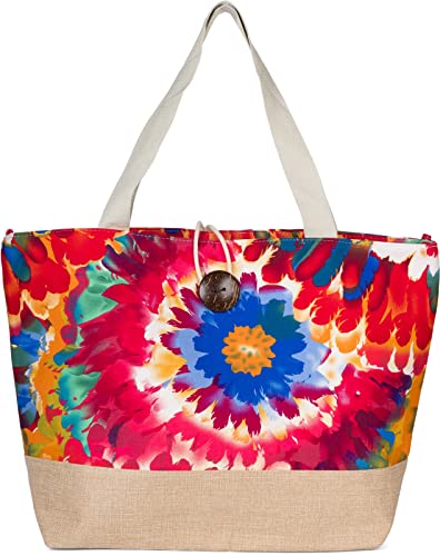 styleBREAKER Damen Strandtasche mit buntem Blumen Muster Print, Knebelknopf Verschluss, XXL Schultertasche, Shopper 02012389, Farbe:Rot-Blau-Orange von styleBREAKER