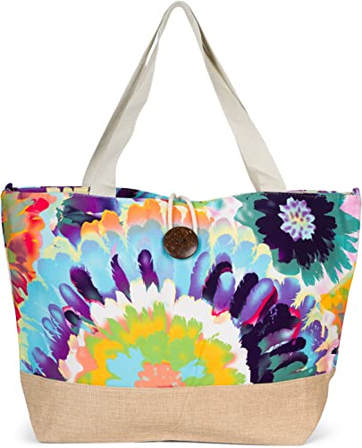 styleBREAKER Damen Strandtasche mit buntem Blumen Muster Print, Knebelknopf Verschluss, XXL Schultertasche, Shopper 02012389, Farbe:Türkis-Violett-Rot von styleBREAKER