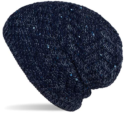 styleBREAKER Damen Strick Beanie Mütze mit Pailletten und Thermo-Fleece Futter, Winter Slouch Beanie 04024168, Farbe:Dunkelblau von styleBREAKER