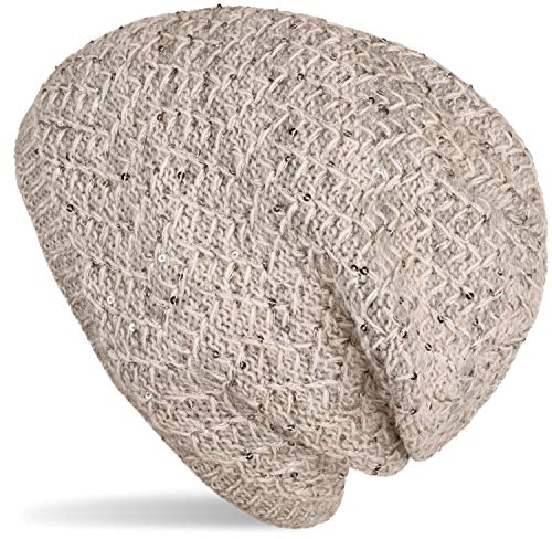 styleBREAKER Damen Strick Beanie Mütze mit Pailletten und Thermo-Fleece Futter, Winter Slouch Beanie 04024168, Farbe:Hellbraun von styleBREAKER