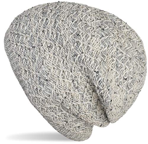 styleBREAKER Damen Strick Beanie Mütze mit Pailletten und Thermo-Fleece Futter, Winter Slouch Beanie 04024168, Farbe:Hellgrau von styleBREAKER