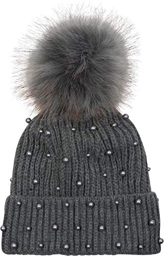 styleBREAKER Damen Strick Bommelmütze mit Perlen und Fleece Futter, warme Winter Fellbommel Mütze, Fake Fur 04024155, Farbe:Grau von styleBREAKER