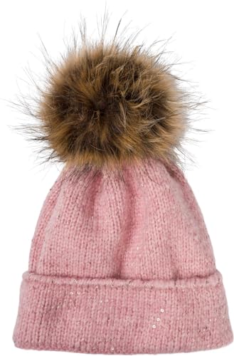 styleBREAKER Damen Strick Bommelmütze Einfarbig mit Pailletten und Fleece Futter, Winter Fellbommel Mütze, Strickmütze 04024210, Farbe:Altrose von styleBREAKER