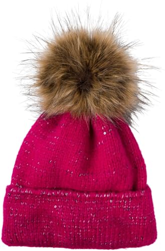 styleBREAKER Damen Strick Bommelmütze Einfarbig mit Pailletten und Fleece Futter, Winter Fellbommel Mütze, Strickmütze 04024210, Farbe:Pink von styleBREAKER