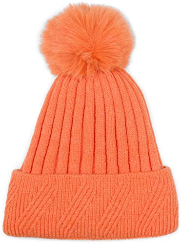 styleBREAKER Damen Strick Bommelmütze Einfarbig mit Rippen Muster und Fleece Futter, Winter Mütze, Strickmütze 04024198, Farbe:Apricot von styleBREAKER