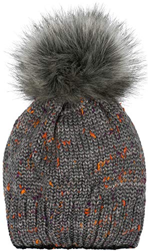 styleBREAKER Damen Strick Bommelmütze bunt Gemustert mit Glitzerfaden und Fleece Futter, Winter Fellbommel Mütze 04024178, Farbe:Grau von styleBREAKER