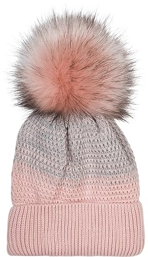 styleBREAKER Damen Strick Bommelmütze mit Farbverlauf und Fleece Futter, Winter Fellbommel Mütze, Strickmütze 04024205, Farbe:Rose-Grau von styleBREAKER