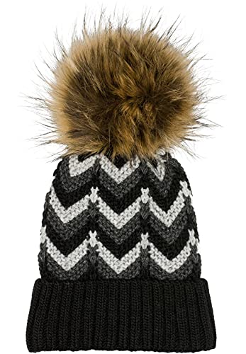 styleBREAKER Damen Strick Bommelmütze mit Zick-Zack Muster und Fleece Futter, Winter Fellbommel Mütze, Strickmütze 04024188, Farbe:Schwarz-Grau-Hellgrau von styleBREAKER