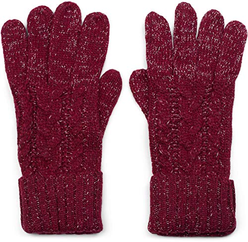 styleBREAKER Damen Strick Handschuhe mit Zopfmuster, Metallic Look und doppeltem Bund, Winter Strickhandschuhe 09010018, Farbe:Bordeaux-Rot von styleBREAKER