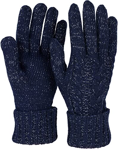 styleBREAKER Damen Strick Handschuhe mit Zopfmuster, Metallic Look und doppeltem Bund, Winter Strickhandschuhe 09010018, Farbe:Dunkelblau von styleBREAKER