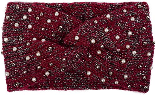 styleBREAKER Damen Strick Stirnband mit Perlen, Metallic Garn und Twist Knoten, warmes Winter Haarband, Headband 04026029, Farbe:Bordeaux-Rot-Schwarz von styleBREAKER