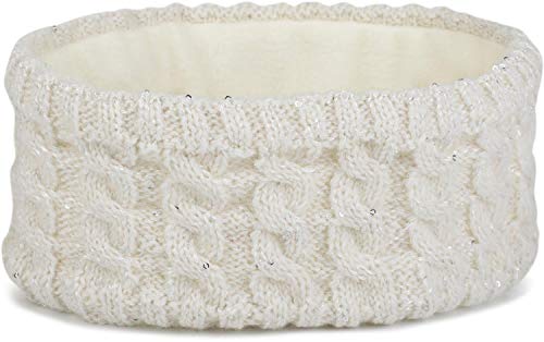 styleBREAKER Damen Strick Stirnband mit Zopfmuster und Pailletten, Fleece Futter, Haarband, Thermo Winter Headband 04026028, Farbe:Creme von styleBREAKER