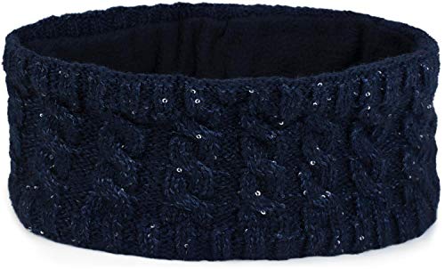 styleBREAKER Damen Strick Stirnband mit Zopfmuster und Pailletten, Fleece Futter, Haarband, Thermo Winter Headband 04026028, Farbe:Dunkelblau von styleBREAKER