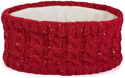 styleBREAKER Damen Strick Stirnband mit Zopfmuster und Pailletten, Fleece Futter, Haarband, Thermo Winter Headband 04026028, Farbe:Rot von styleBREAKER