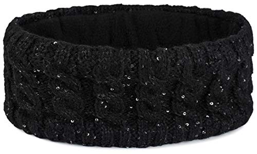 styleBREAKER Damen Strick Stirnband mit Zopfmuster und Pailletten, Fleece Futter, Haarband, Thermo Winter Headband 04026028, Farbe:Schwarz von styleBREAKER