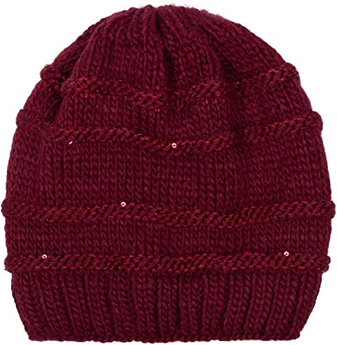 styleBREAKER Damen Strick Wintermütze mit Pailletten, Öffnung für Pferdeschwanz und Thermo-Fleece Futter, Beanie Mütze 04024177, Farbe:Bordeaux-Rot von styleBREAKER