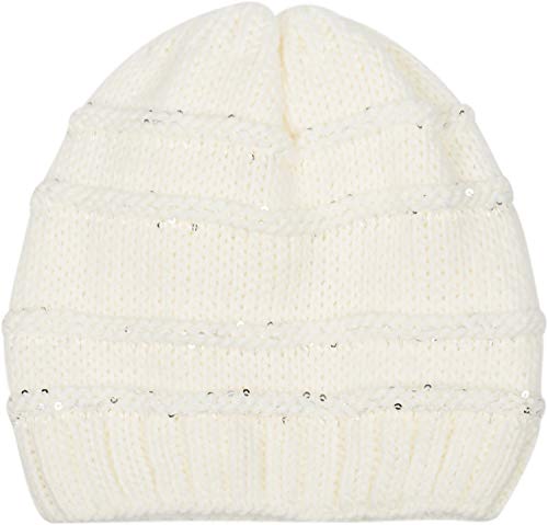 styleBREAKER Damen Strick Wintermütze mit Pailletten, Öffnung für Pferdeschwanz und Thermo-Fleece Futter, Beanie Mütze 04024177, Farbe:Creme-Beige von styleBREAKER