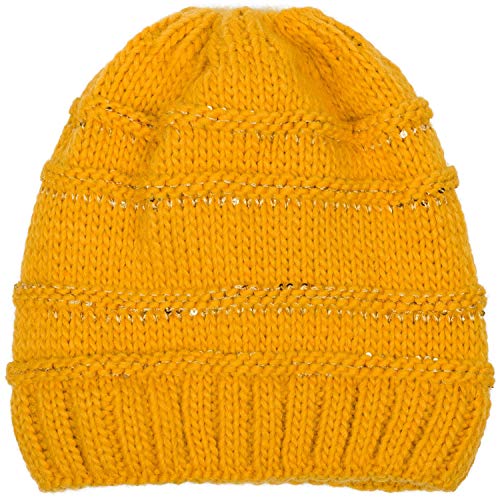 styleBREAKER Damen Strick Wintermütze mit Pailletten, Öffnung für Pferdeschwanz und Thermo-Fleece Futter, Beanie Mütze 04024177, Farbe:Curry von styleBREAKER