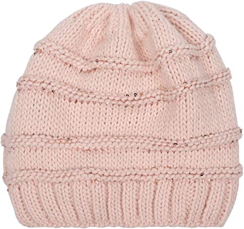 styleBREAKER Damen Strick Wintermütze mit Pailletten, Öffnung für Pferdeschwanz und Thermo-Fleece Futter, Beanie Mütze 04024177, Farbe:Rose von styleBREAKER