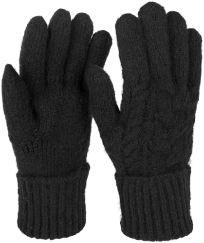 styleBREAKER Damen Strickhandschuhe mit Zopfstrickmuster, warme Winter Fingerhandschuhe, vielseitige Farben 09010051, Farbe:Schwarz von styleBREAKER