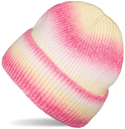 styleBREAKER Damen Strickmütze mit Streifen Farbverlauf im Ombré Look, Feinstrick Mütze, Strick Beanie 04024199, Farbe:Koralle-Gelb-Weiß von styleBREAKER