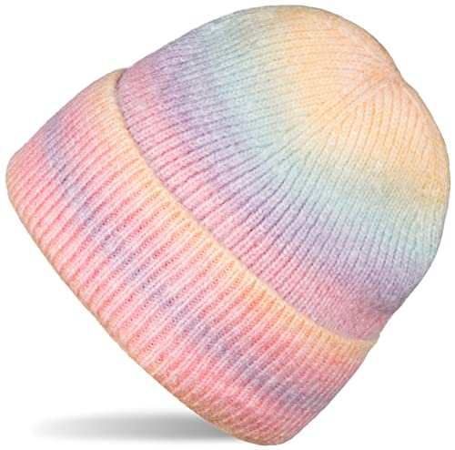 styleBREAKER Damen Strickmütze mit Streifen Farbverlauf im Ombré Look, Feinstrick Mütze, Strick Beanie 04024199, Farbe:Rosa-Gelb-Violett-Blau von styleBREAKER