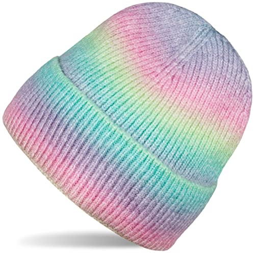 styleBREAKER Damen Strickmütze mit Streifen Farbverlauf im Ombré Look, Feinstrick Mütze, Strick Beanie 04024199, Farbe:Türkis-Limette-Rosa-Violett von styleBREAKER