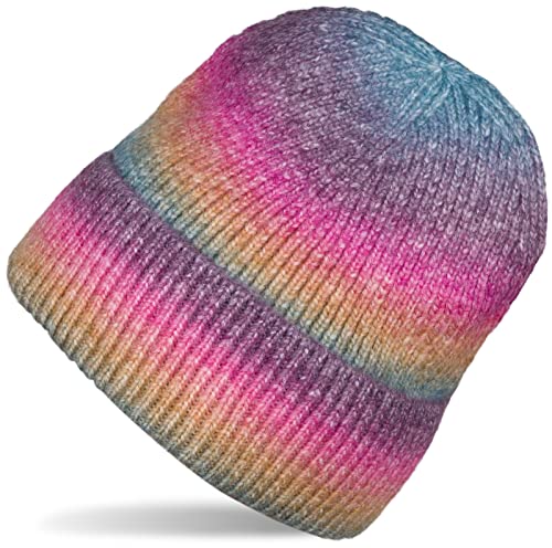 styleBREAKER Damen Strickmütze mit Streifen Farbverlauf im Ombré Look, Feinstrick Mütze, Strick Beanie 04024199, Farbe:Violett-Pink-Blau von styleBREAKER