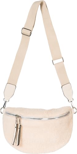 styleBREAKER Damen Teddyfell Halbmond Crossbody Schultertaschen Einfarbig, verstellbarer Schultergurt 02012403, Farbe:Beige von styleBREAKER