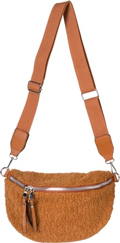 styleBREAKER Damen Teddyfell Halbmond Crossbody Schultertaschen Einfarbig, verstellbarer Schultergurt 02012403, Farbe:Cognac von styleBREAKER