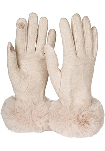 styleBREAKER Damen Touchscreen Handschuhe Einfarbig mit Kunstfell Besatz, warme Fingerhandschuhe, Winter 09010038, Farbe:Beige von styleBREAKER