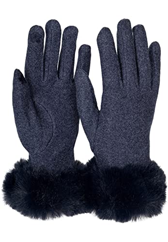 styleBREAKER Damen Touchscreen Handschuhe Einfarbig mit Kunstfell Besatz, warme Fingerhandschuhe, Winter 09010038, Farbe:Dunkelblau von styleBREAKER